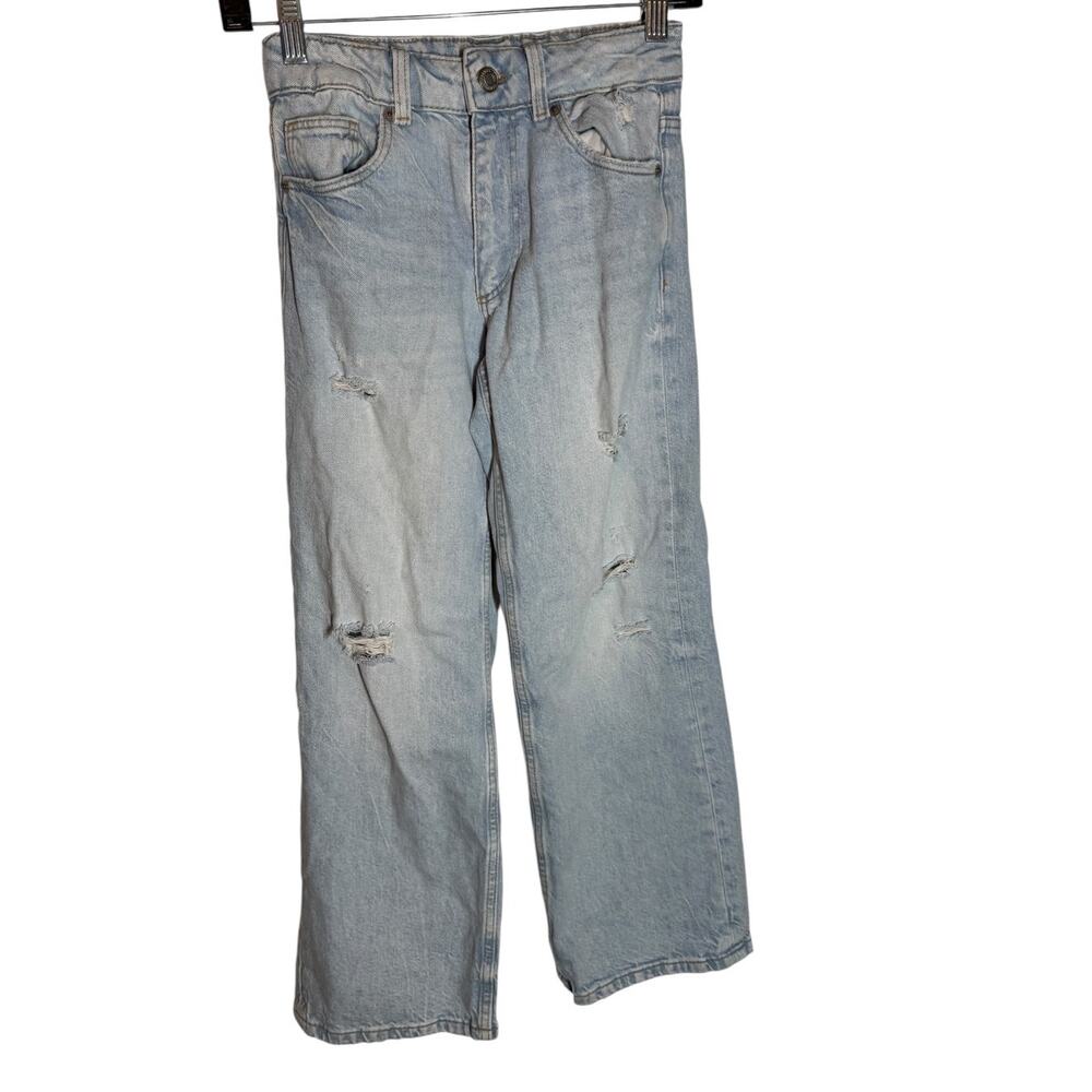 ZARA Kids Baggy Wide Leg Jeans 9-10 Light Wash Distressed
